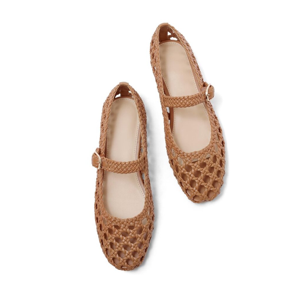 Woven Mary Jane Flats in Tan